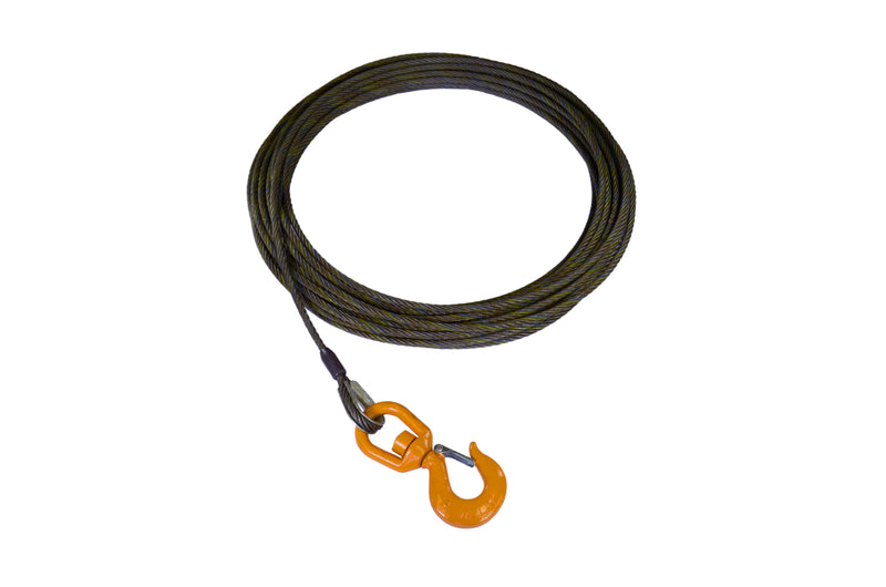 7/16" Steel Core Winch Cables with Swivel Hook with Latch are assembled and made in the USA with all domestic material.